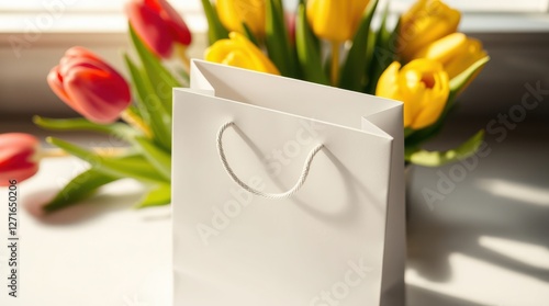 Elegant tulips with a pristine white shopping bag create a sophisticated and cheerful floral arrangement. photo