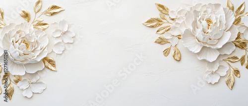 Fototapeta Naklejka Na Ścianę i Meble -  Gilded botanical elements gracefully embellishing sculpted peonies on a bright white canvas refined luxury aesthetic ultra-HD