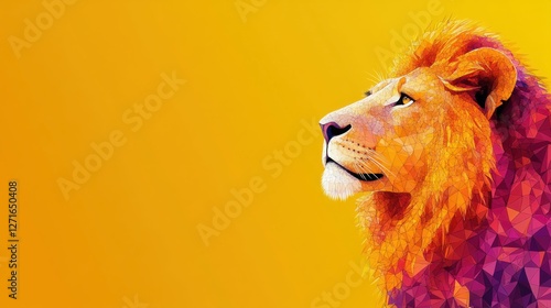 Colorful geometric lion illustration with vibrant yellow background