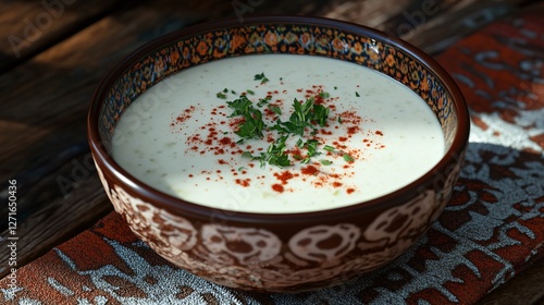 Creamy Parsley Garnished Soup in Decorative Bowl on Rustic Table with Spices and Textured Tablecloth photo