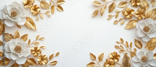 Fototapeta Naklejka Na Ścianę i Meble -  A majestic arrangement of golden leaves and sculpted peonies against a radiant white surface artistic luxury intricate textures ultra-HD