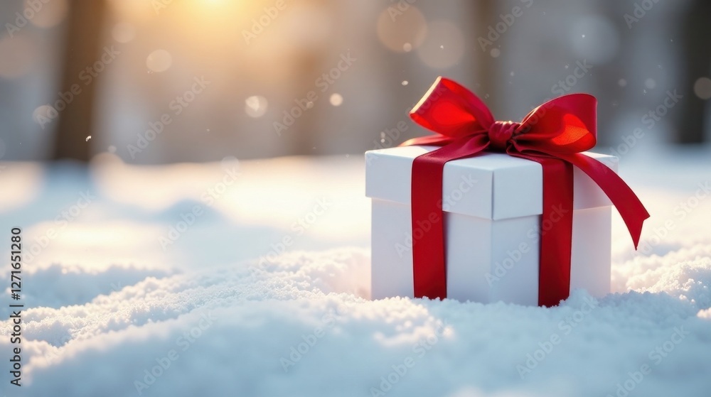 A pristine white gift box adorned with a vibrant red ribbon, nestled gently in a blanket of fresh snow, bathed in the warm glow of the winter sun. A pristine white gift box adorned with a vibrant red ribbon, nestled gently in a blanket of fresh snow, bathed in the warm glow of the winter sun.