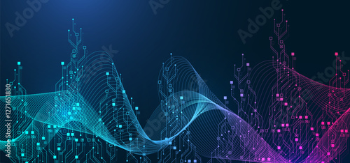 Artificial Intelligence or machine learning vector design. Quantum computer technology concept with circuit board and motherboard texture background design. Waves flow quantum explosion