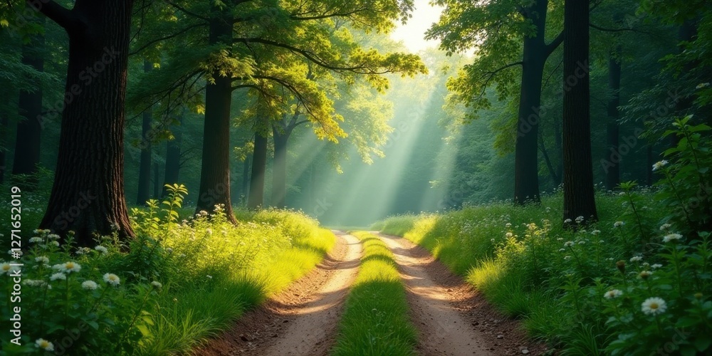 Obraz premium Sunlit Path Through a Verdant Forest, a Serene and Peaceful Nature Scene with Lush Greenery and Sunlight Rays Illuminating the Way
