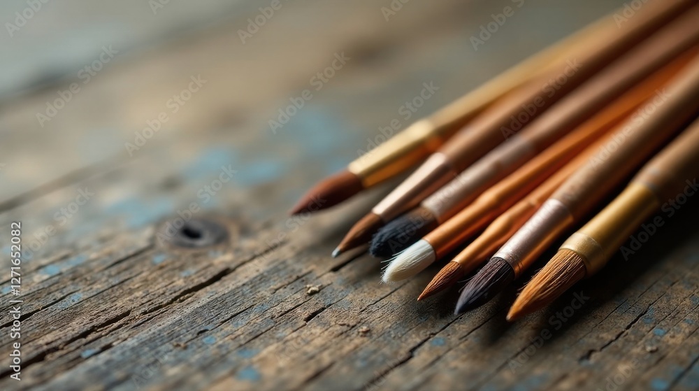 A collection of paintbrushes rests on a rustic wooden surface, showcasing a variety of bristle types and handle materials, ideal for artistic endeavors. A collection of paintbrushes rests on a rustic wooden surface, showcasing a variety of bristle types and handle materials, ideal for artistic endeavors.