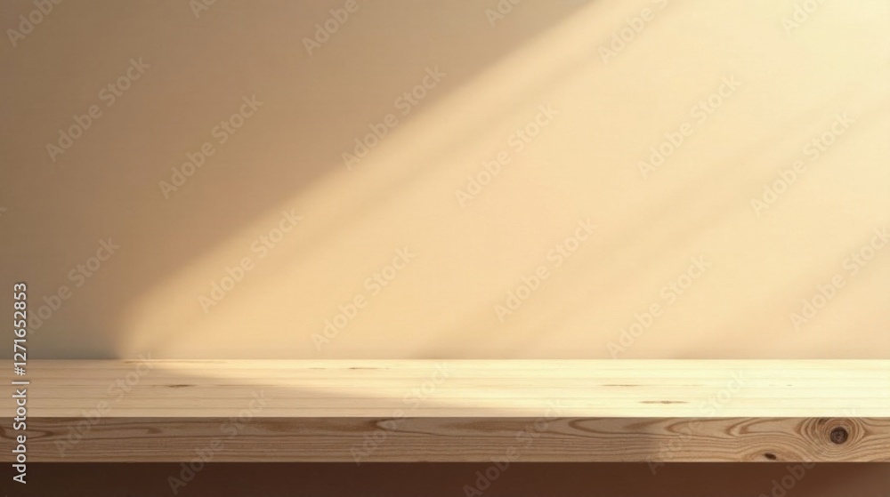 Warm sunlight illuminates a clean, empty wooden shelf against a muted beige wall, providing a minimalist backdrop for product display or design composition. Warm sunlight illuminates a clean, empty wooden shelf against a muted beige wall, providing a minimalist backdrop for product display or design composition.