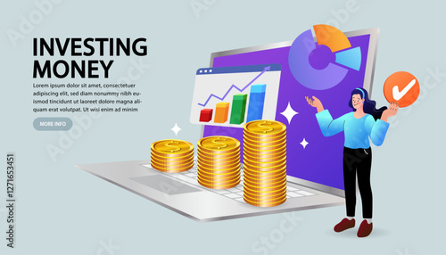 Investment in the stock market for financial growth. A woman analyzes data and charts for a successful online trading strategy. Vector concept for fintech, wealth management, and earning money.