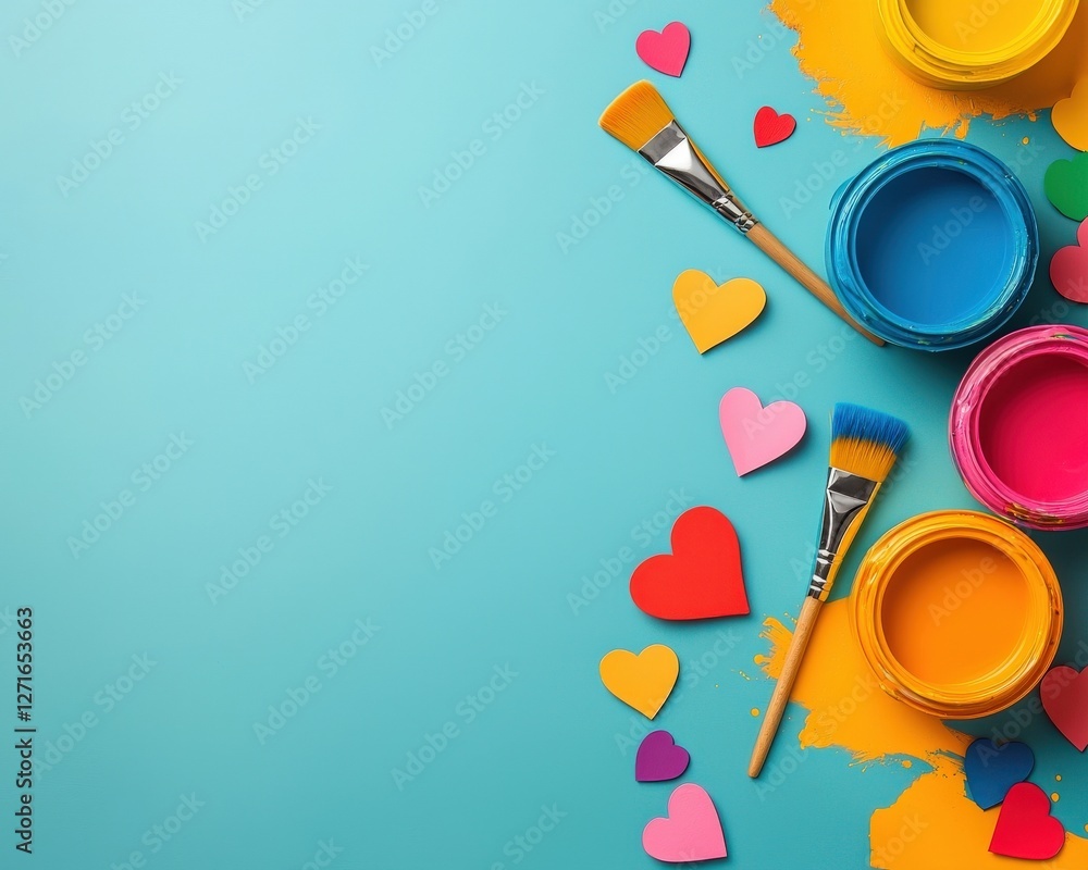 A vibrant and cheerful display of art supplies arranged with colorful hearts. Perfect for creative themes, craft projects, or artistic inspiration. A vibrant and cheerful display of art supplies arranged with colorful hearts. Perfect for creative themes, craft projects, or artistic inspiration.