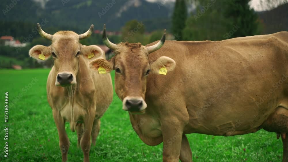 Cow and bull in green meadow are very affectionate to each other during breeding season. Cow couple on pasture farm in Bavaria, Germany showing love, cuddling and hugging. Livestock reproduction. Cow and bull in green meadow are very affectionate to each other during breeding season. Cow couple on pasture farm in Bavaria, Germany showing love, cuddling and hugging. Livestock reproduction.