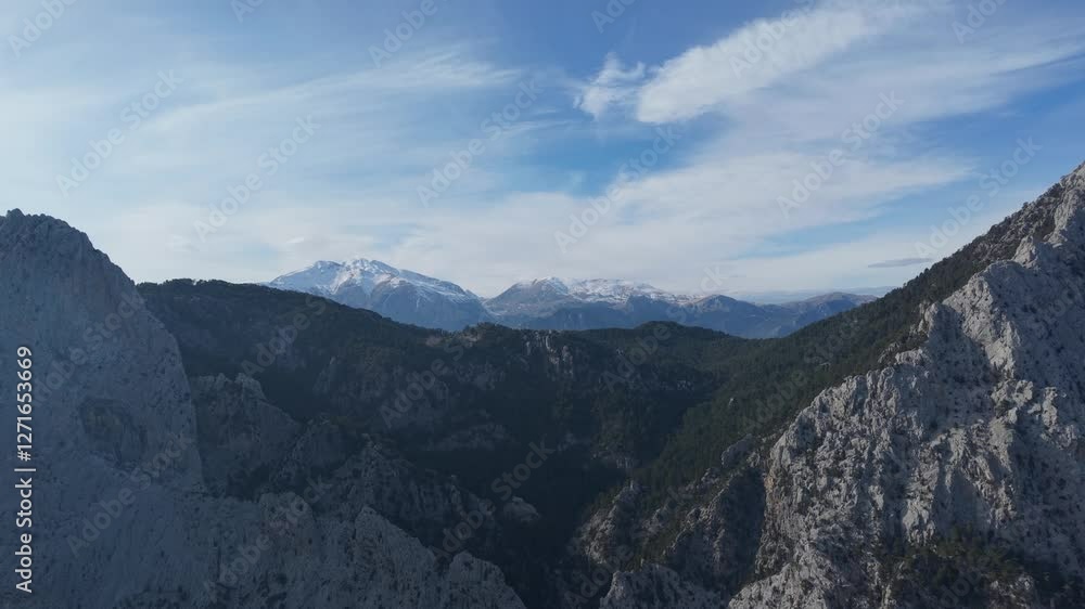 Vast snow-covered Beydağları mountains, Antalya, Turkey, cinematic ultrawide drone shot, winter panorama for travel content. Vast snow-covered Beydağları mountains, Antalya, Turkey, cinematic ultrawide drone shot, winter panorama for travel content.