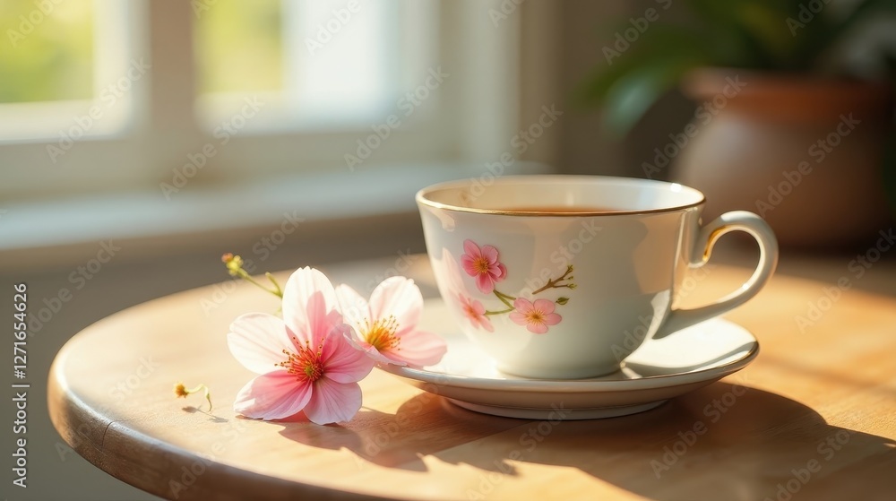A delicate teacup, adorned with floral motifs, rests on a saucer, accompanied by two blossoms basking in sunlight filtering through a window. A delicate teacup, adorned with floral motifs, rests on a saucer, accompanied by two blossoms basking in sunlight filtering through a window.