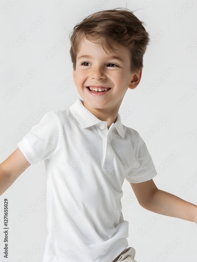 Stylish Young Boy Smiling and Posing in White Polo Shirt with Soft Lighting and Energetic Motion on White Background Stylish Young Boy Smiling and Posing in White Polo Shirt with Soft Lighting and Energetic Motion on White Background