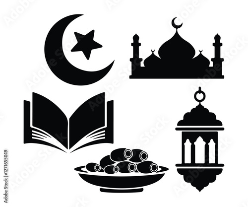 A vector illustration of a simple silhouette style Ramadan icon set