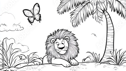 Black and White Lion in Jungle Scene for Coloring Book photo