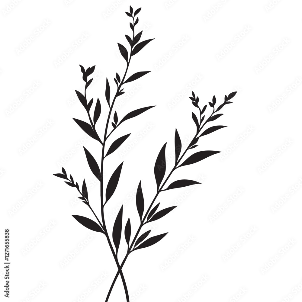 Small leaf plant silhouette pattern wallpaper. Black and white. minimal artwork. simple template. tattoo design. card and package. Vector illustration. Small leaf plant silhouette pattern wallpaper. Black and white. minimal artwork. simple template. tattoo design. card and package. Vector illustration.