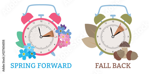 Сhange clock to one hour forward. Сhange clock to one hour back. Daylight Saving Time concept. Daylight Saving Time ends concept. Vector flat illustration, rectangular banner white background.