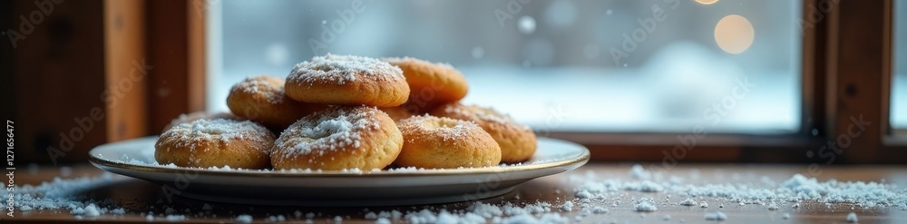 A plate of steaming hot Levkoy cookies in front of a frosty window with snowflakes falling outside, frosty, snowflake A plate of steaming hot Levkoy cookies in front of a frosty window with snowflakes falling outside, frosty, snowflake