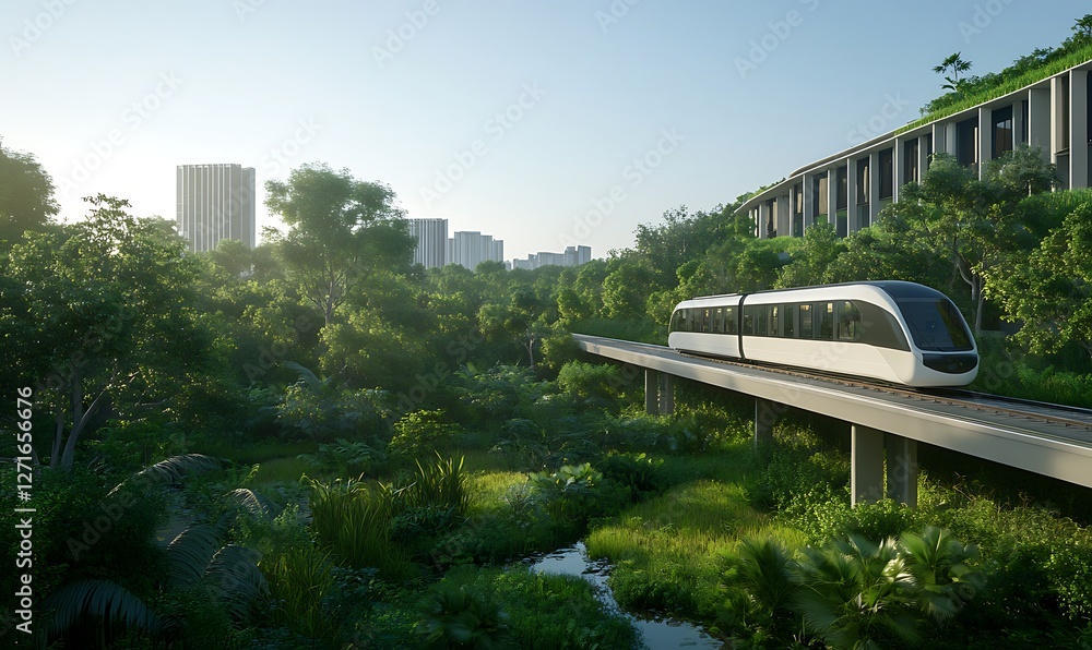 Naklejka premium A vibrant photo showcasing a smart eco-friendly industrial zone, emphasizing sustainability and modern design.