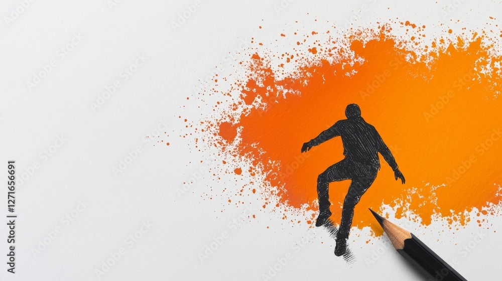 Fototapeta premium Simple pencil art of a person free climbing on white background with a splash of orange perfect for a planning app motivational and clean minimalist design