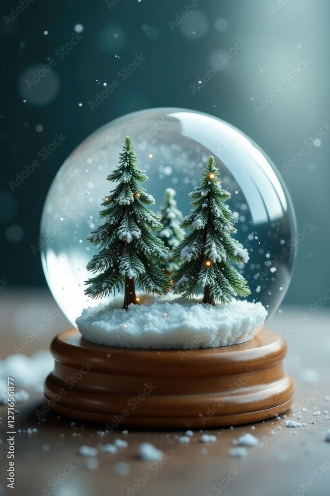 A wooden base supports a snow globe containing a serene winter forest with tall pine trees and soft falling snow, wintry, frosty A wooden base supports a snow globe containing a serene winter forest with tall pine trees and soft falling snow, wintry, frosty