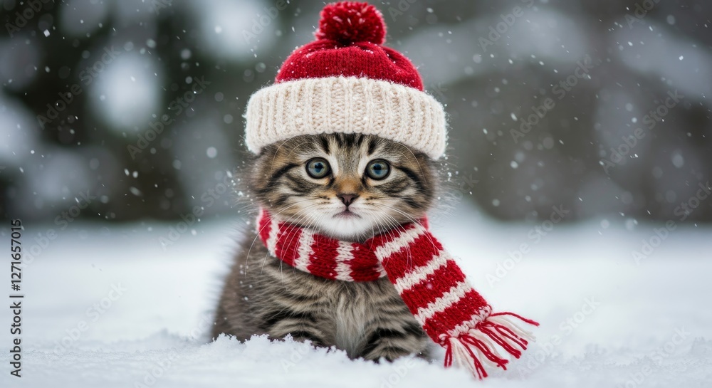 Adorable Kitten in Winter Hat and Scarf - Cute tabby kitten wearing a red knit hat and matching scarf in snowy winter scene Adorable Kitten in Winter Hat and Scarf - Cute tabby kitten wearing a red knit hat and matching scarf in snowy winter scene