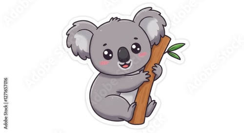 Adorable Koala Bear on Branch - Cute cartoon koala clinging to a tree branch, perfect for children's products, websites, or illustrations photo