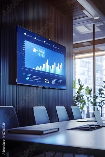 Conference Room TV Screen Mockup with Business Meeting Digital Presentation