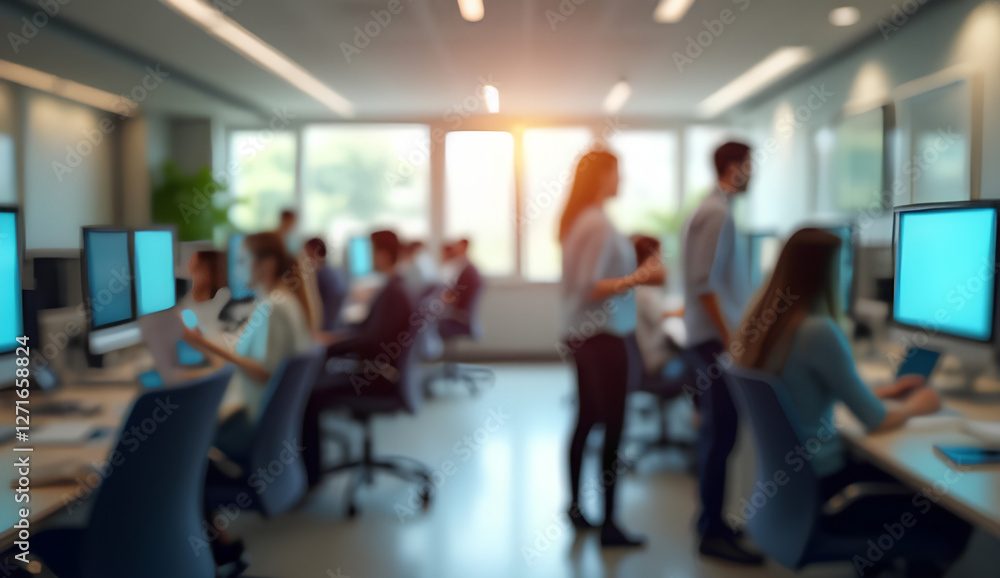 Modern Business Office with Blurred Employees and Warm Bokeh Lighting in Background Modern Business Office with Blurred Employees and Warm Bokeh Lighting in Background