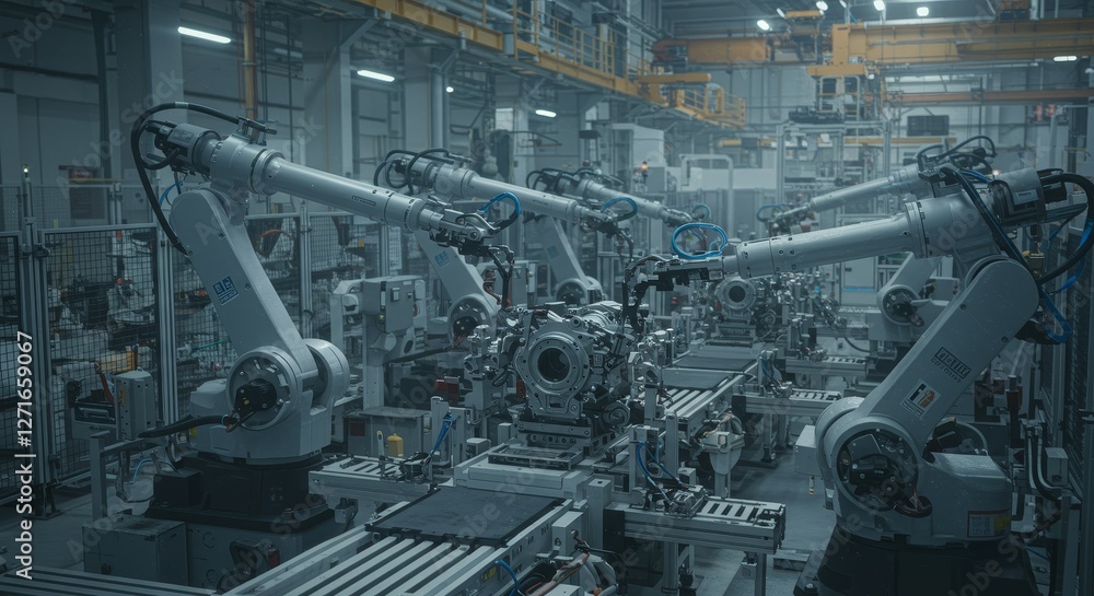 Automated Factory Robotics Production Line - Industrial robots assemble parts on a modern production line. High-tech manufacturing Automated Factory Robotics Production Line - Industrial robots assemble parts on a modern production line. High-tech manufacturing