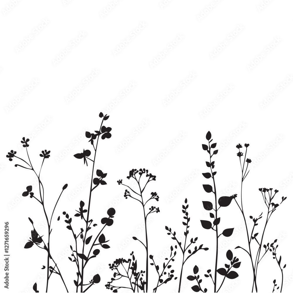 Small leaf plant silhouette pattern wallpaper. Black and white. minimal artwork. simple template. tattoo design. card and package. Vector illustration.