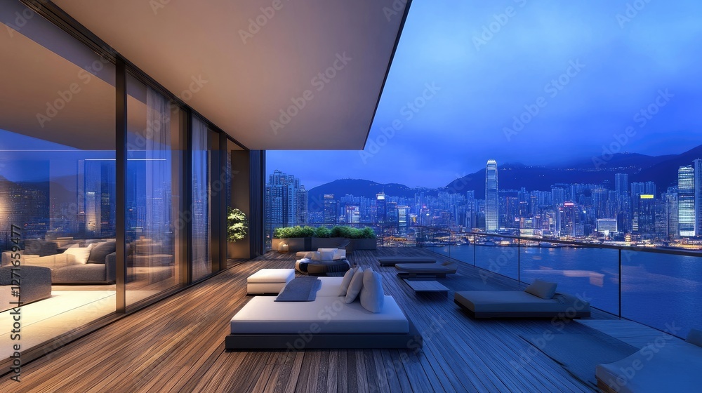 Fototapeta premium Luxury apartment terrace with cozy ambiance A charming wooden deck with stylish lounge furniture and cityscape backdrop.