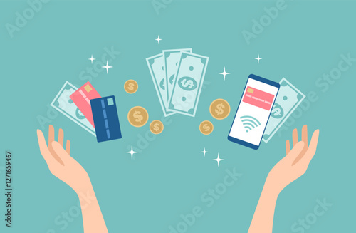 Hands raised up with credit cards, banknotes, coins and smartphone with contactless payment between them. Payment methods set. Flat vector illustration