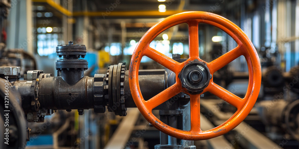 Orange valve wheel in an industrial setting Orange valve wheel in an industrial setting