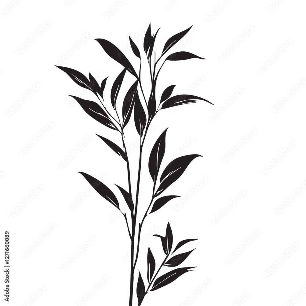 Fototapeta premium Small leaf plant silhouette pattern wallpaper. Black and white. minimal artwork. simple template. tattoo design. card and package. Vector illustration.