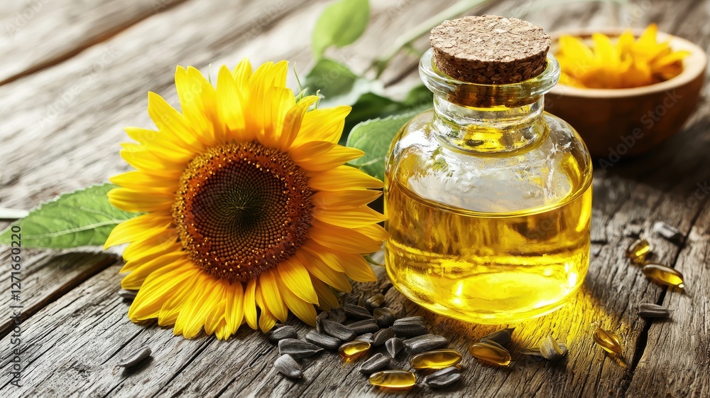Sunflower oil with flower seeds and bloom on wood Sunflower oil with flower seeds and bloom on wood