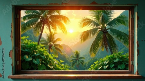 Serene Sunset Vista Through a Rustic Window Frame Showcasing Lush Tropical Foliage and Palm Trees