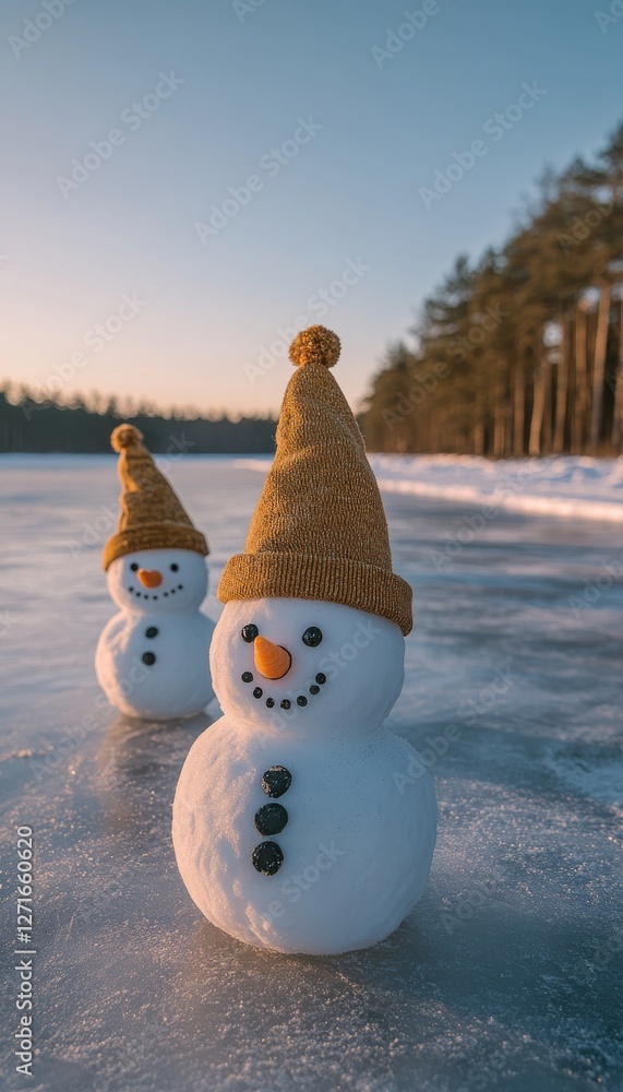 Obraz premium Two cheerful snowmen in knitted hats stand on a frozen lake at sunset.