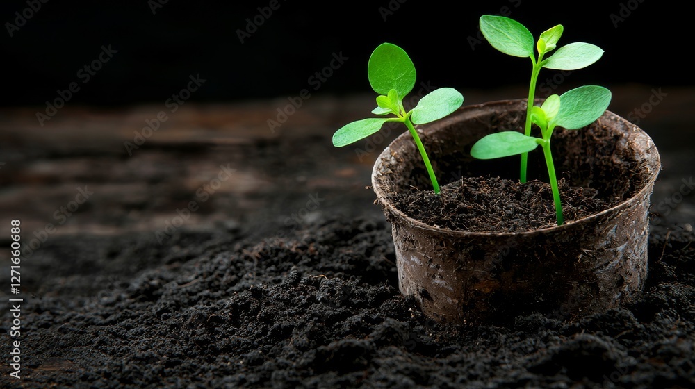 Naklejka premium Young Seedlings Thriving in Compost Indoor Garden Micro Landscape Close-up View Growth Concept for Urban Gardening
