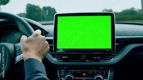 Navigator with green screen in the car dashboard. GPS module. Driver using smart phone with green background. Man steering wheel, driving on highway with smartphone navigation. Digital display monitor