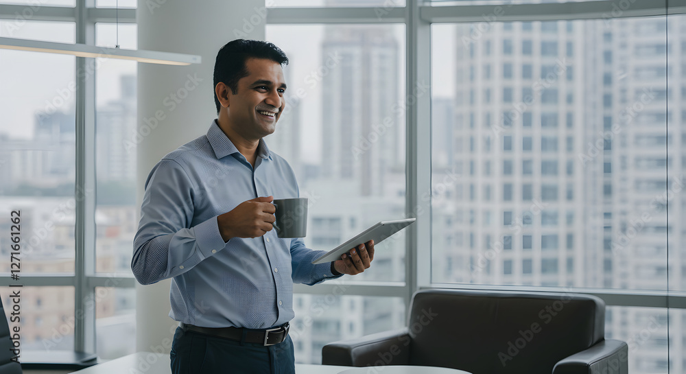 Businessman using tablet in modern office, Man smiling while looking at tablet, Generative AI image Businessman using tablet in modern office, Man smiling while looking at tablet, Generative AI image