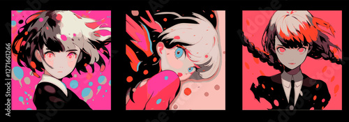 Dynamic anime-style vector art featuring three characters with striking hair and eye colors against vibrant, polka-dotted backgrounds. A mix of bold shades creates a lively, expressive atmosphere.