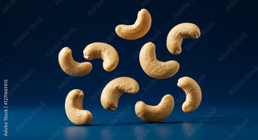 Cashews in Freefall - Delicious cashews floating against a deep blue background. Perfect for food blogs, packaging, or healthy eating themes Cashews in Freefall - Delicious cashews floating against a deep blue background. Perfect for food blogs, packaging, or healthy eating themes