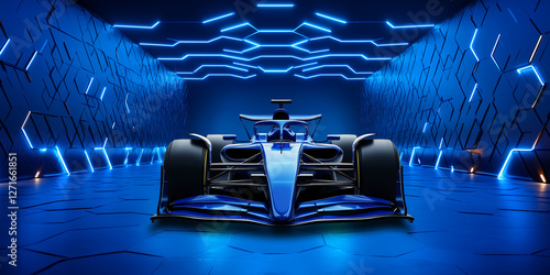 A sleek blue formula single seater race car is showcased prominently in a vibrant blue illuminated space within honeycomb hexagonal exhibition hall. Car launch motorsport and racing concept