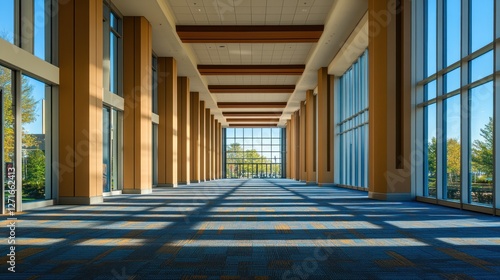 Sunlit spacious modern convention center hallway with large windows and wooden beams.