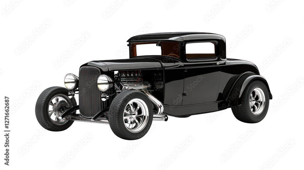 A black vintage car with chrome wheels and a chrome hood