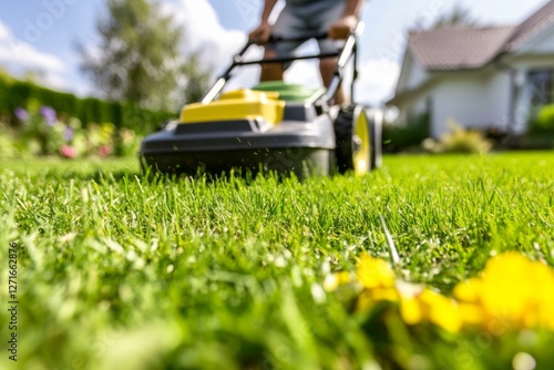 Wallpaper Mural Gardener operating electric lawnmower cutting grass in backyard on sunny day Torontodigital.ca