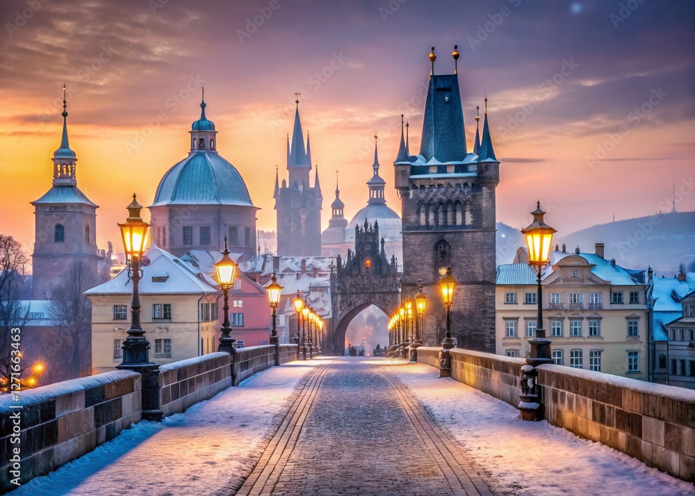 Fototapeta premium Charles Bridge Prague Winter Morning Low Light Photography - Old Town Bridge Tower