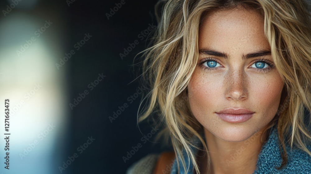 Naklejka premium Natural Close-Up Portrait of a Young Woman with Blue Eyes