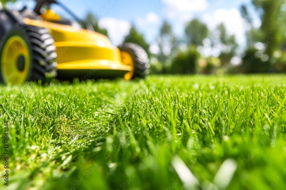 Gardener operating electric lawnmower cutting grass in backyard on sunny day Gardener operating electric lawnmower cutting grass in backyard on sunny day