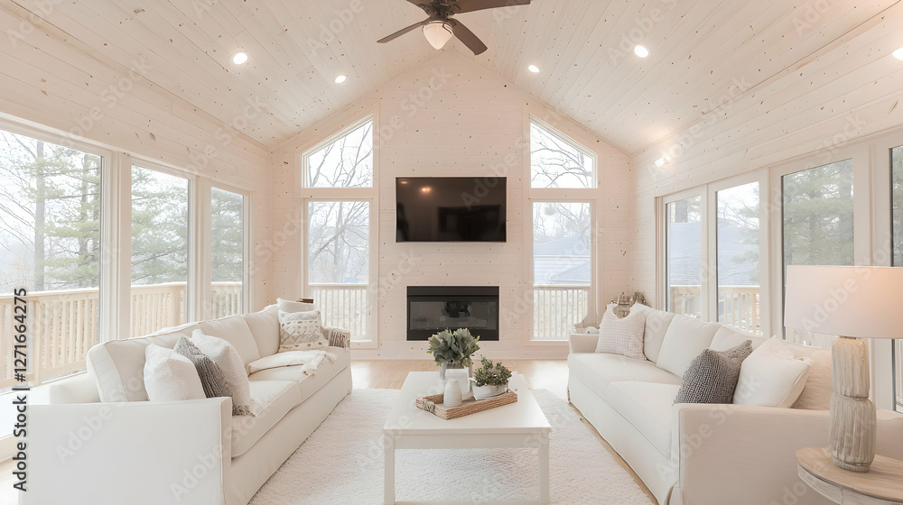 Lake view living room, modern design, vaulted ceiling, relaxing atmosphere Lake view living room, modern design, vaulted ceiling, relaxing atmosphere